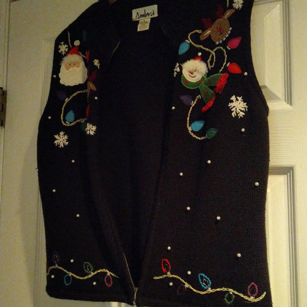 Ambra size M Black Christmas embellished embroidery pearl Vest silver zip front